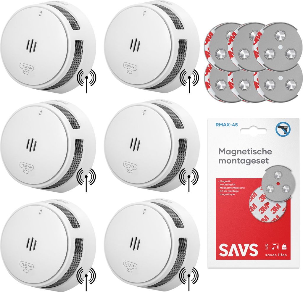 SAVS S10-W Drahtlos vernetzbarer Rauchmelder - 6 Rauchmelder mit Magnetbefestigung - LinkSmart - 10 Jahre Batterie - Optionales WLAN - Infrarotse...