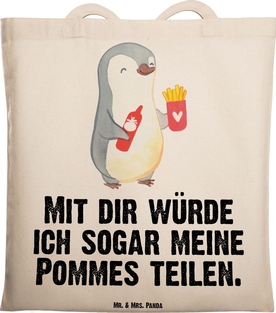 Mr. & Mrs. Panda Shopping Tasche Pinguin Pommes - Transparent - Geschenk, Stoffbeutel, Tote Bag, Uni, für Frauen, Valentinstag, Partner, totebag, ...