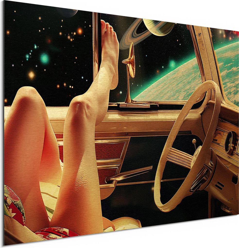 DEQORI Alu-Dibond Bild Gold 60x40 cm 'Roadtrip durchs All' Wandbild Metall dünn Design