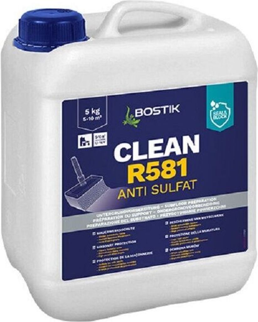 A white plastic jerrycan with a blue lid, containing a cleaning product. The label is dark blue with white, yellow, and green text and graphics.