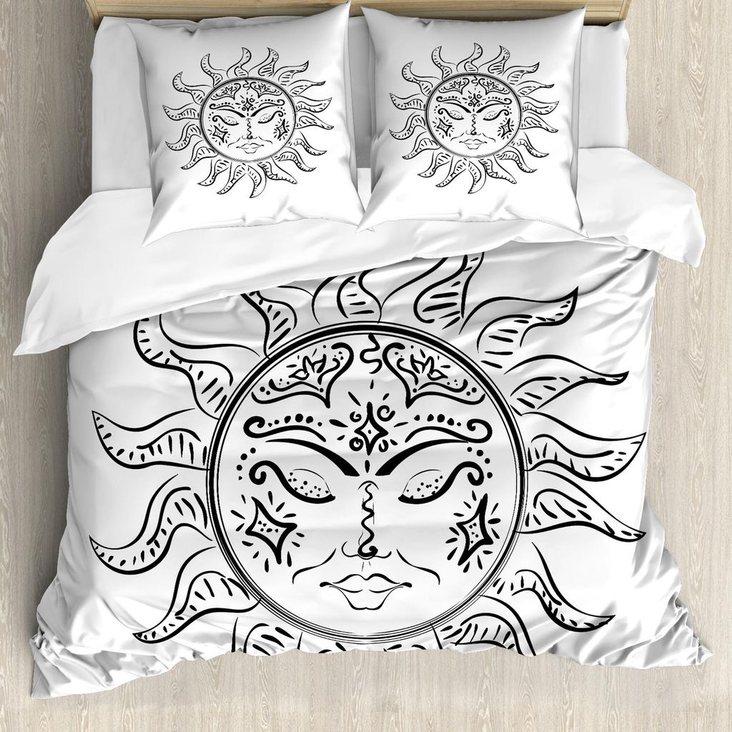 ABAKUHAUS Celestial Sun Bettbezug Set, Moderne Monochrome Artsy von Mystic Sleeping Sun-Abbildung, 155 x 220 cm + 80 x 80 cm, Charcoal Grau Weiß