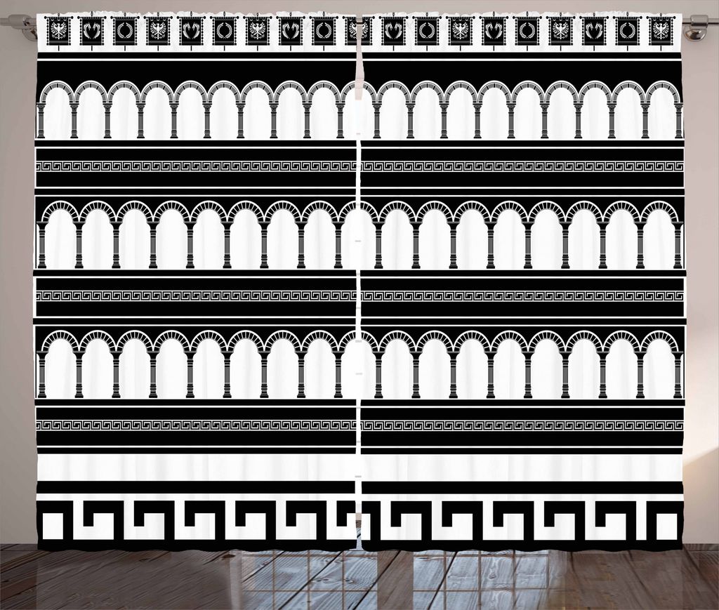 ABAKUHAUS Toga-Party Rustikaler Vorhang, Colosseum Bogen Kunst, Wohnzimmer Universalband Gardinen mit Schlaufen und Haken, 280 x 225 cm, Weiß Schwarz