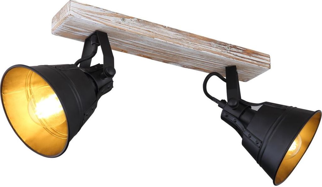 Globo Lighting Strahler Holz weiß, goldfarben patiniert, Metall schwarz matt, LxH: 380x240mm, exkl. 2x E27 60W 230V