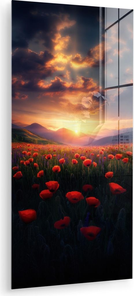 MuchoWow Glasbilder - Bilder auf Wandbild - Foto auf Glas Landschaft - Sonnenuntergang - Blumenfeld 40x80 cm Wanddekoration aus Glas - Acrylglasbil...