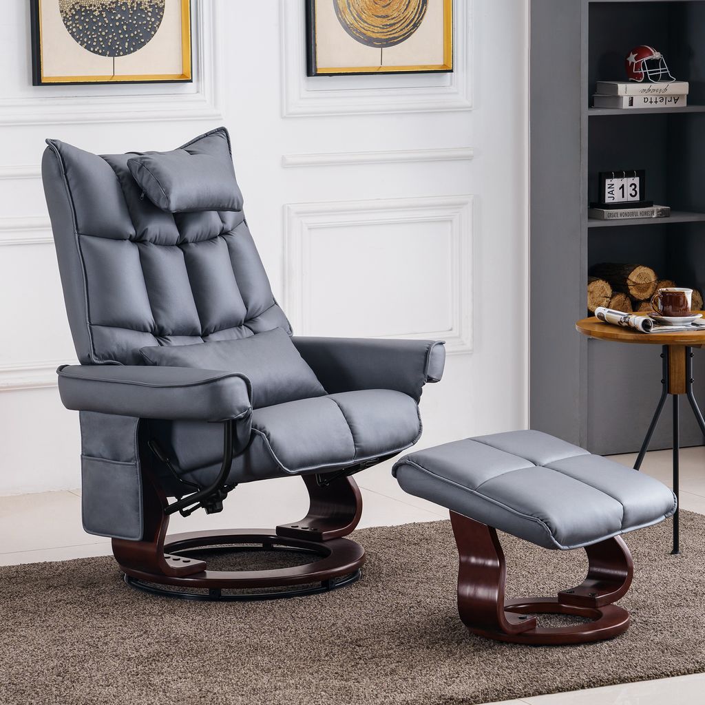 MCombo Relaxsessel mit Hocker, Drehbare Fernsehsessel mit Liegefunktion, Stuhl für Wohnzimmer, mit Kissen & Seitentasche, MikrofaserBlaugrau, 9076