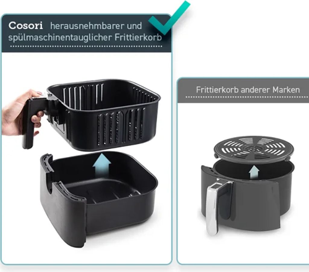 Comparison of air fryer baskets, showing one from Cosori and another from a different brand.