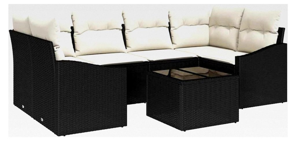 7-teiliges Garten-Sofa-Set mit Kissen aus schwarzem Poly-Rattan für den Außenbereich