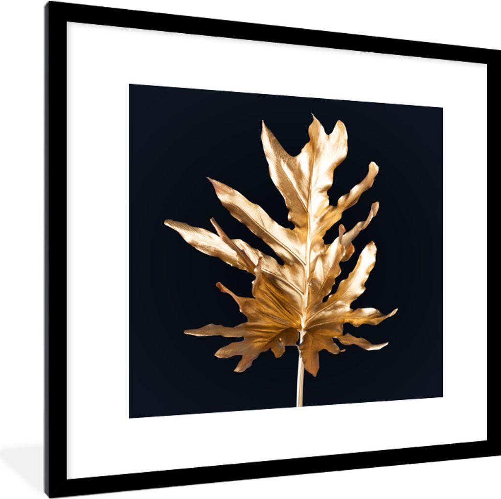 MuchoWow MuchoWow Gerahmtes Poster Blätter - Gold - Herbst - Natur - Luxus 40x40 cm - Poster mit zchwarzem Bilderrahmen - Poster - Plakat im R...