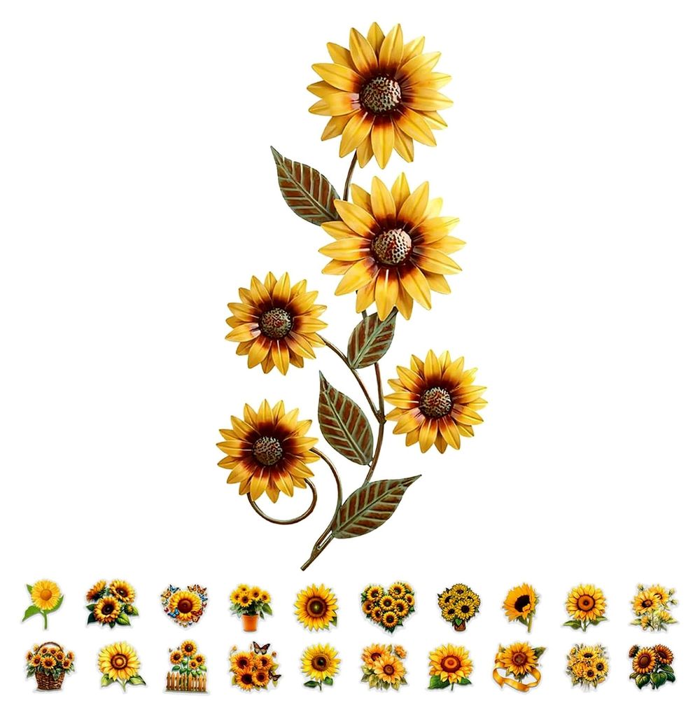Sonnenblume Metall Dekoration mit 20 transparenten Stickern, 30x14,6cm Künstliche Blumen Deko für Zuhause, Garten, Fenster, Wohnkultur, Geschenk