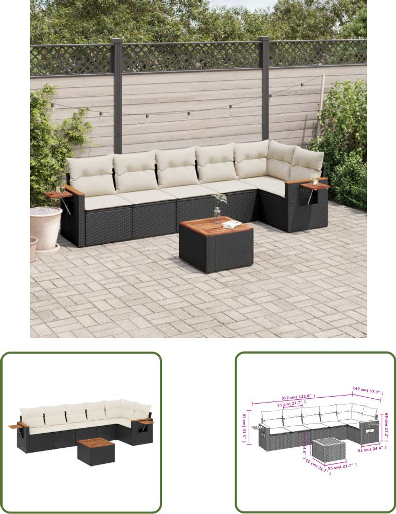 The Living Store 7-tlg. Garten-Sofagarnitur mit Kissen Schwarz Poly Rattan