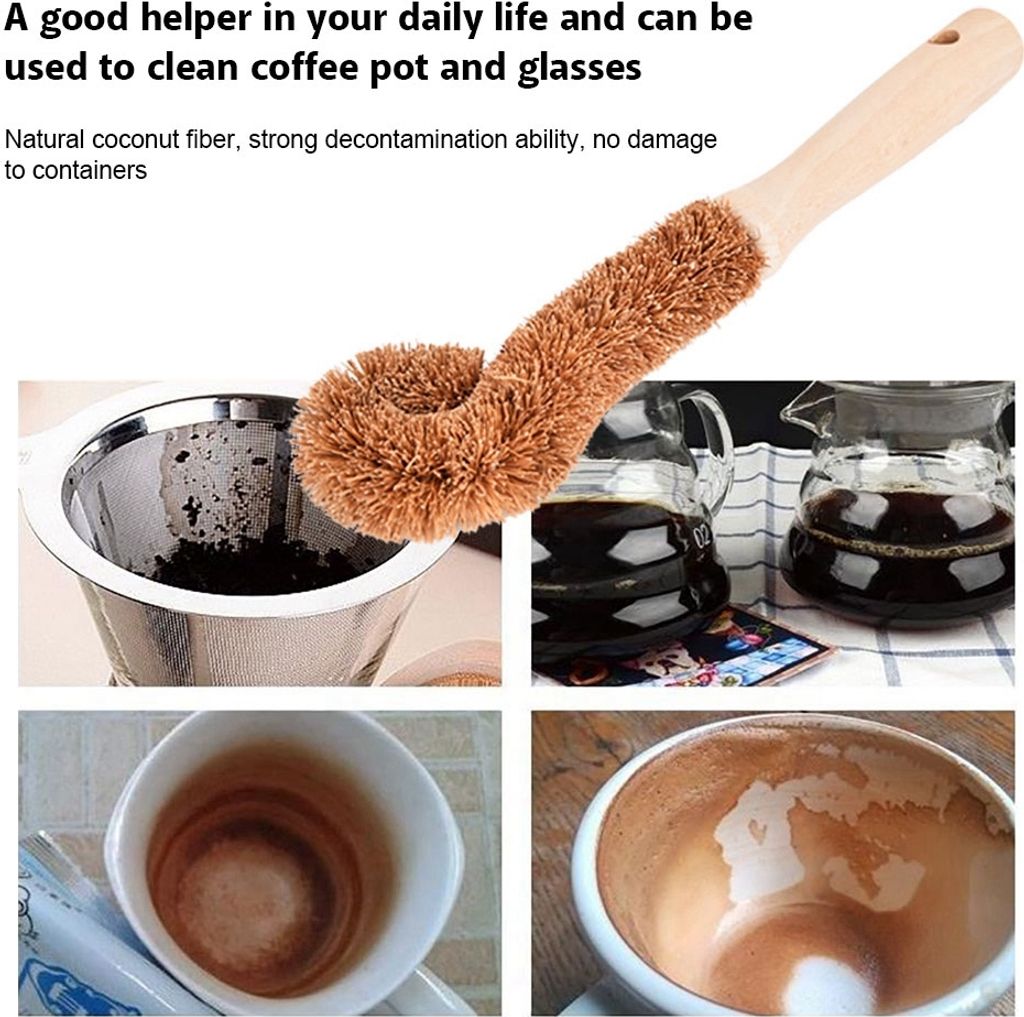 Kokosfaserbürste, langer Holzgriff, Reinigungsbürste für Flaschen, Kaffeekannen, Gläser