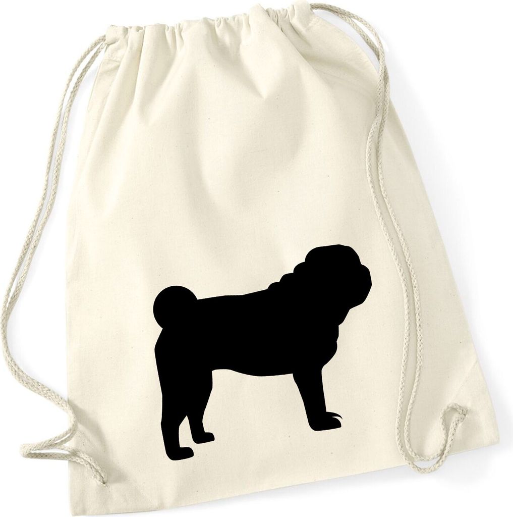 Huuraa Turnbeutel Mops Silhouette 12 Liter Natural Baumwolle Rucksack Geschenkidee