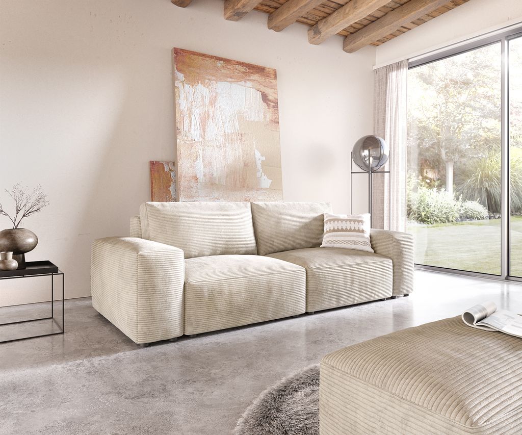 DELIFE Big-Sofa Lanzo 230x95 cm Cord Beige mit Hocker