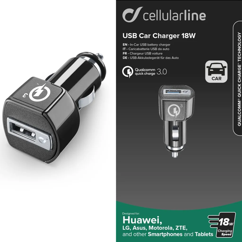Plus de batterie en voiture ? Chargeur USB 18W Cellularline Huawei