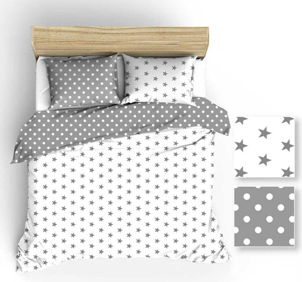Housse de couette coton 160x200 grise et blanche à étoiles R009 douce