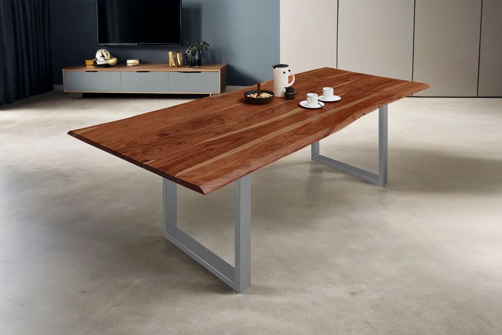 Esstisch Baumkante massiv Akazie nussbaum 260 x 100 silber MILO