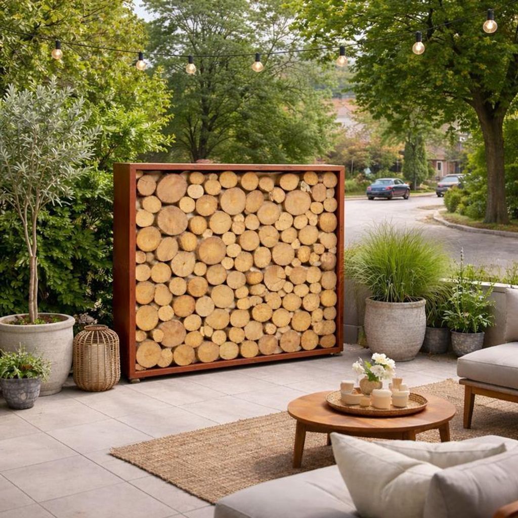 Cortenstahl Sichtschutzwand Brennholzregal 150x150x38 cm Produktbild 