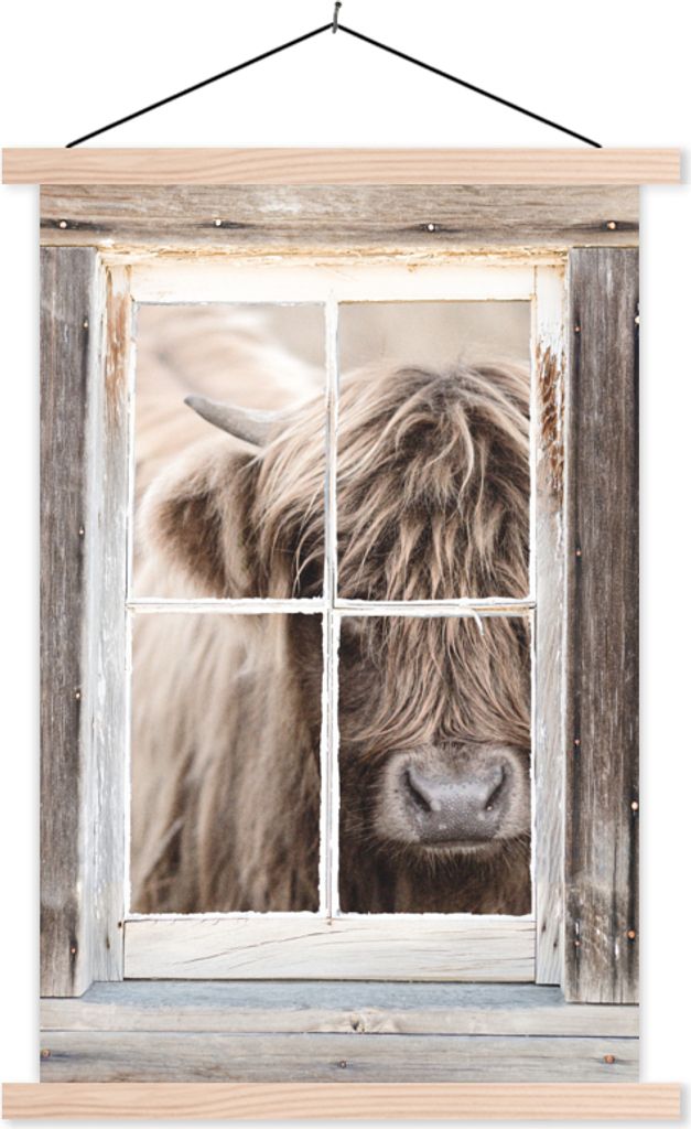 MuchoWow Textilposter Schottisches Hochlandrind - Tier - Ansicht 60x90 cm mit holzfarbenen Rahmen - Textil