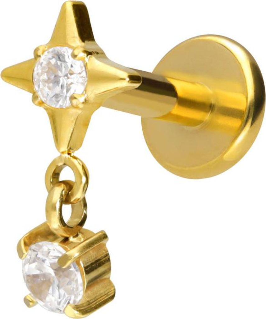 Ohrpiercing, Nasenpiercing Titan Labret mit Innengewinde STERN + KRISTALL Gold Stablänge: 10mm | Stabstärke: 1,2mm