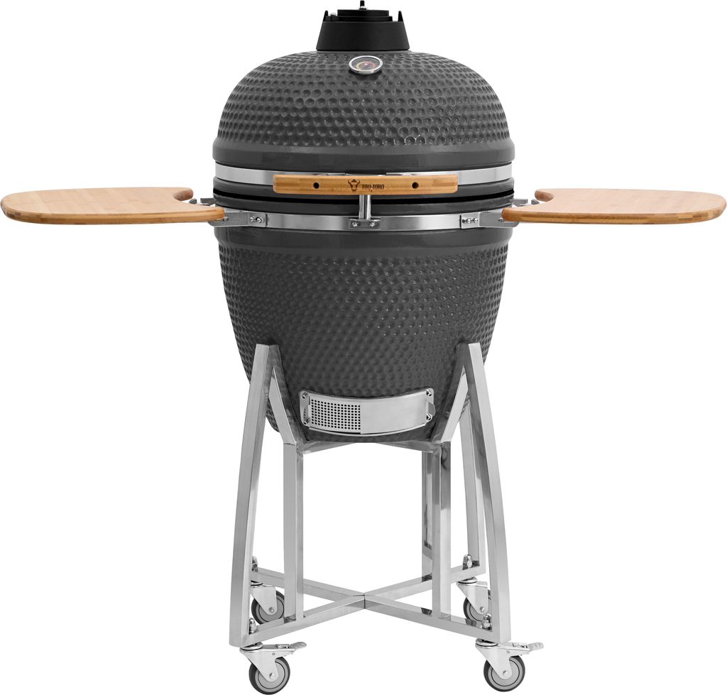 A gray ceramic kamado grill with wooden side shelves, shown on a white background.
