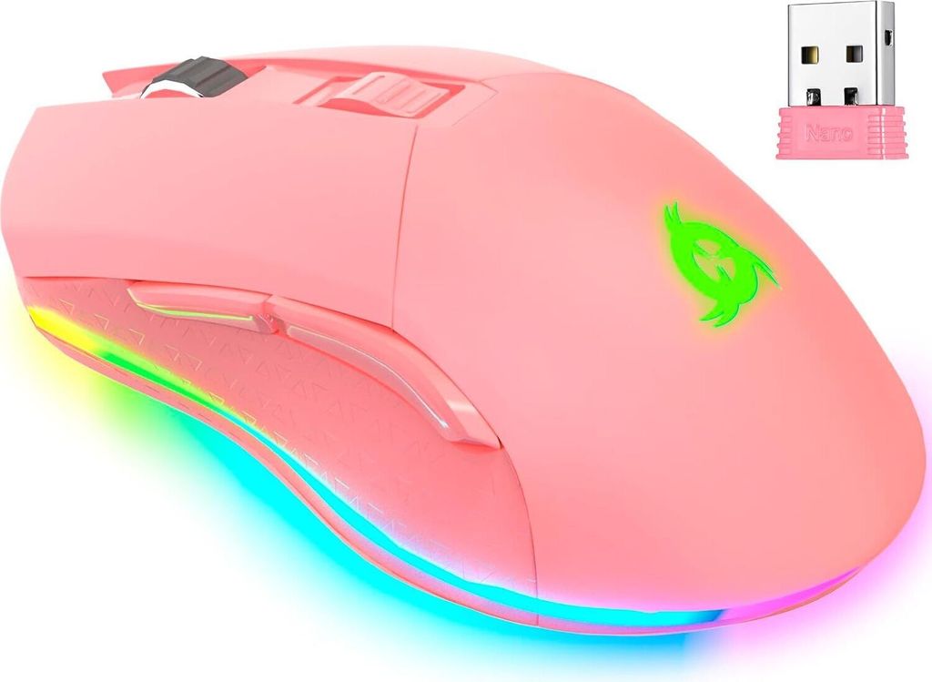 A pink wireless gaming mouse with RGB lighting and a green logo, shown with its USB receiver.