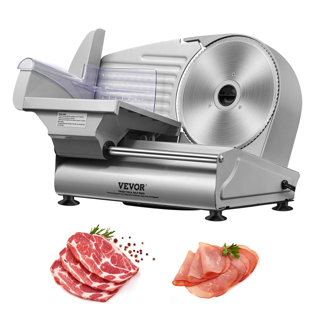 A VEVOR electric meat slicer is shown on a white background, with raw meat and sliced ham displayed in the foreground.