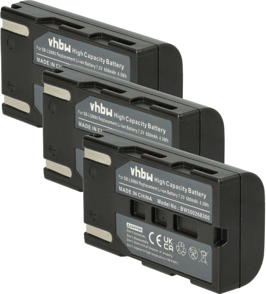 vhbw 3x Akku kompatibel mit Samsung VP-D361W, VP-D361, VP-D355i, VP-D355, VP-D354i, VP-D354, VP-D353i Videokamera Camcorder (600 mAh, 7,2 V, Li-Ion)