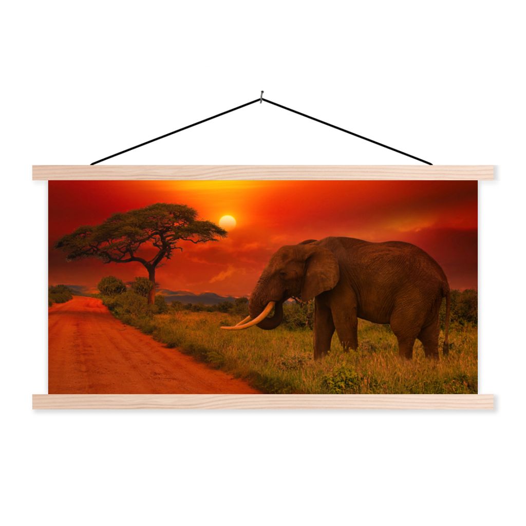 MuchoWow Textilposter Elefant - Sonnenuntergang - Orange - Savanne - Tiere 120x60 cm mit holzfarbenen Rahmen - Klemmleiste