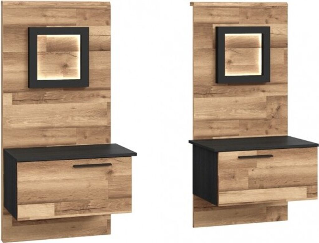 Furniture24 Nachttische JAKOBINA JKBK011STB Nachtschrank Nachtkommode mit Schublade und LED Beleuchtung in Staabeiche/Schwarz Eiche 2 Stück Komplett