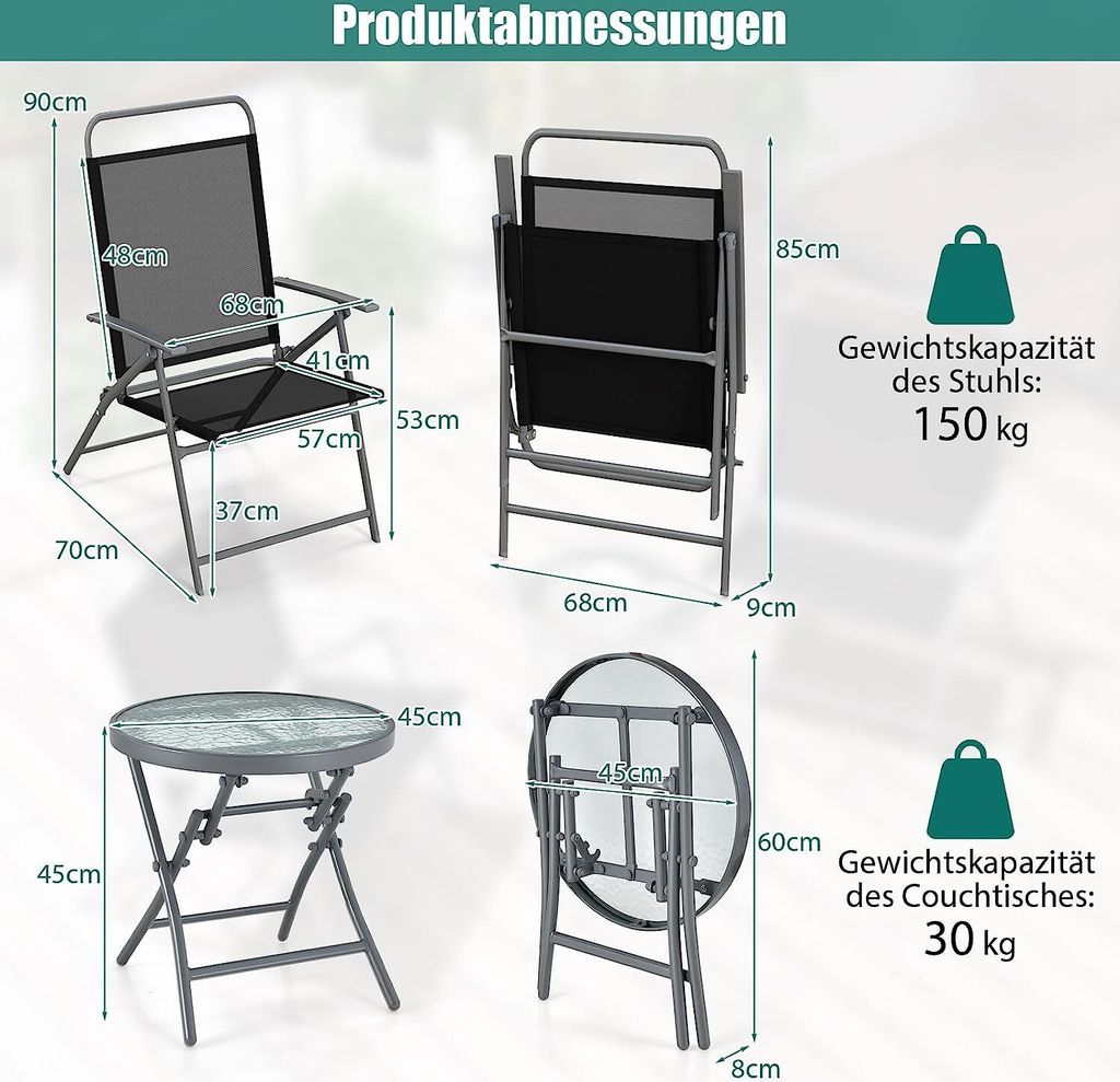COSTWAY Bistro stůl se 2 židlemi, skládací balkonový set, Obrázek produktu 7