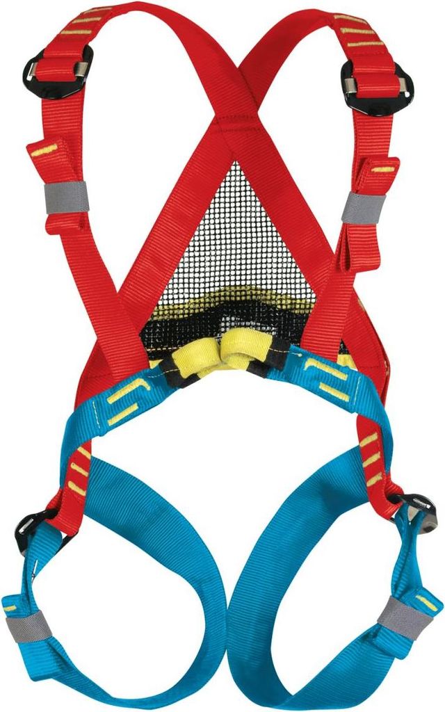 Bambi II Klettergurt von Beal; rot-blau mit verstellbaren Gurten und Netzrücken.