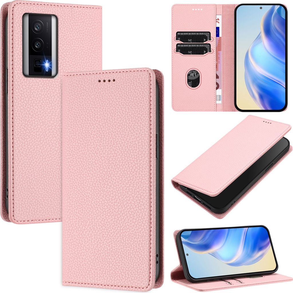 Litchi Leder Handyhülle für Xiaomi Poco F5 Pro/Redmi K60/K60 Pro Wallet Kartenfächer Standfunktion Hülle Pink