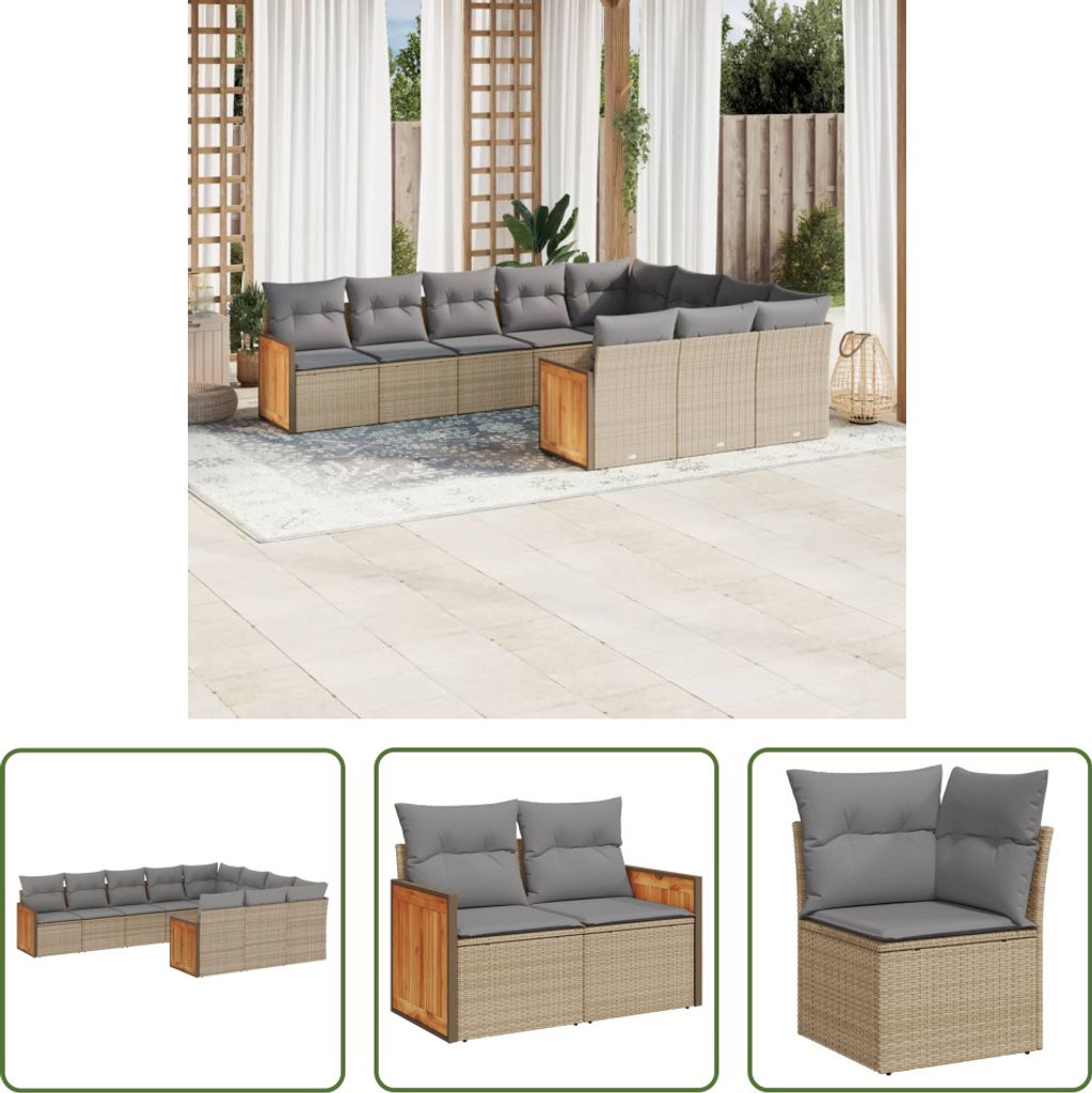 The Living Store 10-tlg. Garten-Sofagarnitur mit Kissen Beige Poly Rattan