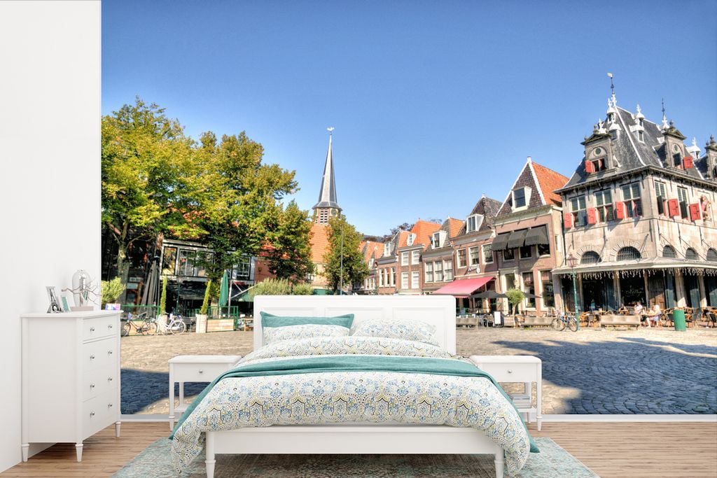 MuchoWow Fototapete für Wohnzimmer oder Schlafzimmer Wandtapete Vinyl Motivtapete Der Kaasmarkt unter blauem Himmel in Hoorn - 330x220 cm - Foto...