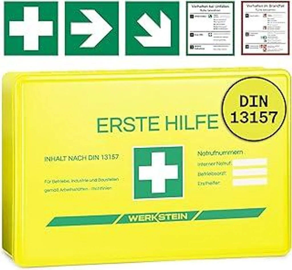 WERKSTEIN Kit di pronto soccorso giallo con supporto a parete [DIN 13157:2021] - Kit di pronto soccorso per aziende, casa e strutture - Valigetta di pronto soccorso - Borsa di pronto soccorso