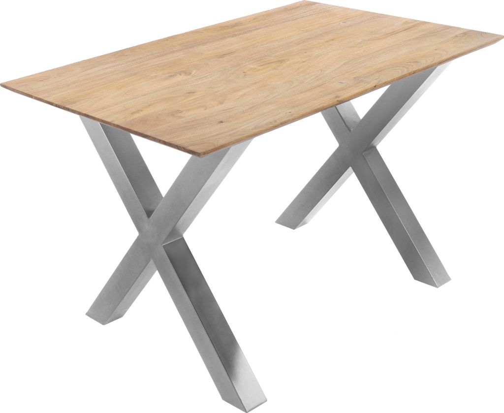 Esstisch 160x85cm Akazie massiv eichenfarben schweizer Kante X-Gestell silber DEAN