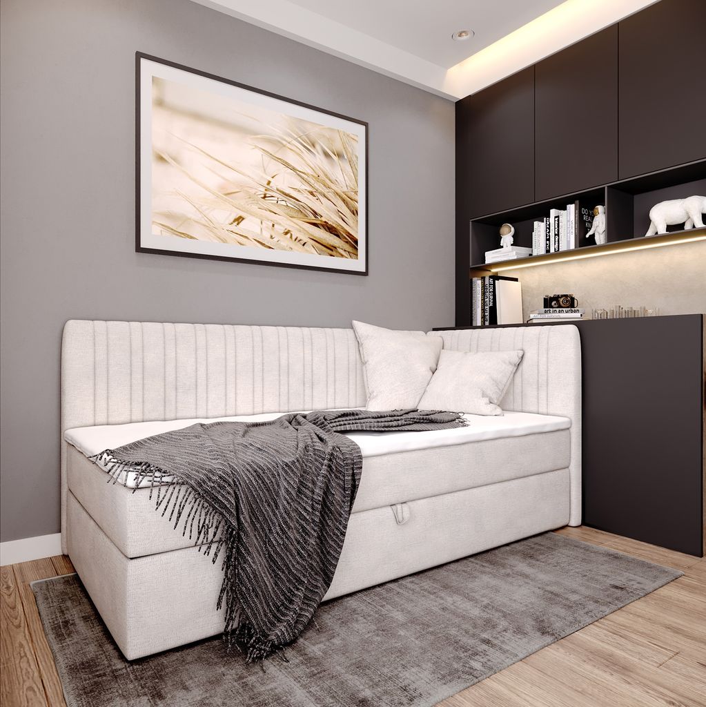 Boxspringbett BLANCA mit Topper und Bettkasten Einzelbett mit zwei Dekokissen Jugendbett (90x200 cm rechts, Creme)