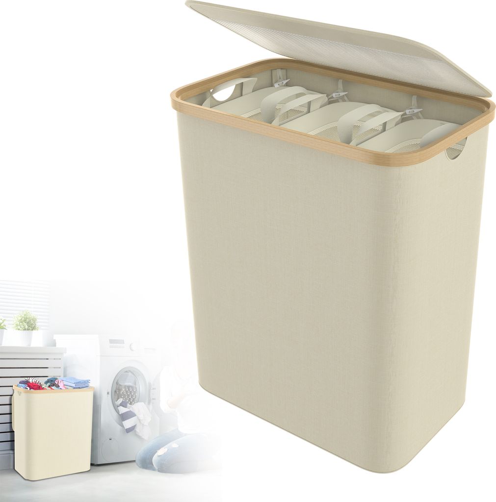 LZQ Wäschekorb, Wäschesammler, Wäschesortierer mit 3 abnehmbaren Stofftaschen, Aufbewahrung für Spielzeug, 140 Liter, 68 x 37 x 57 cm, Beige