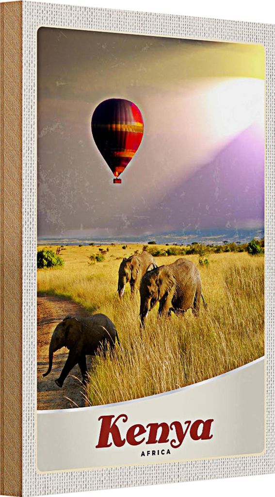 Holzschild Reise 20x30cm Kenia Afrika Elefanten Heißluftballon