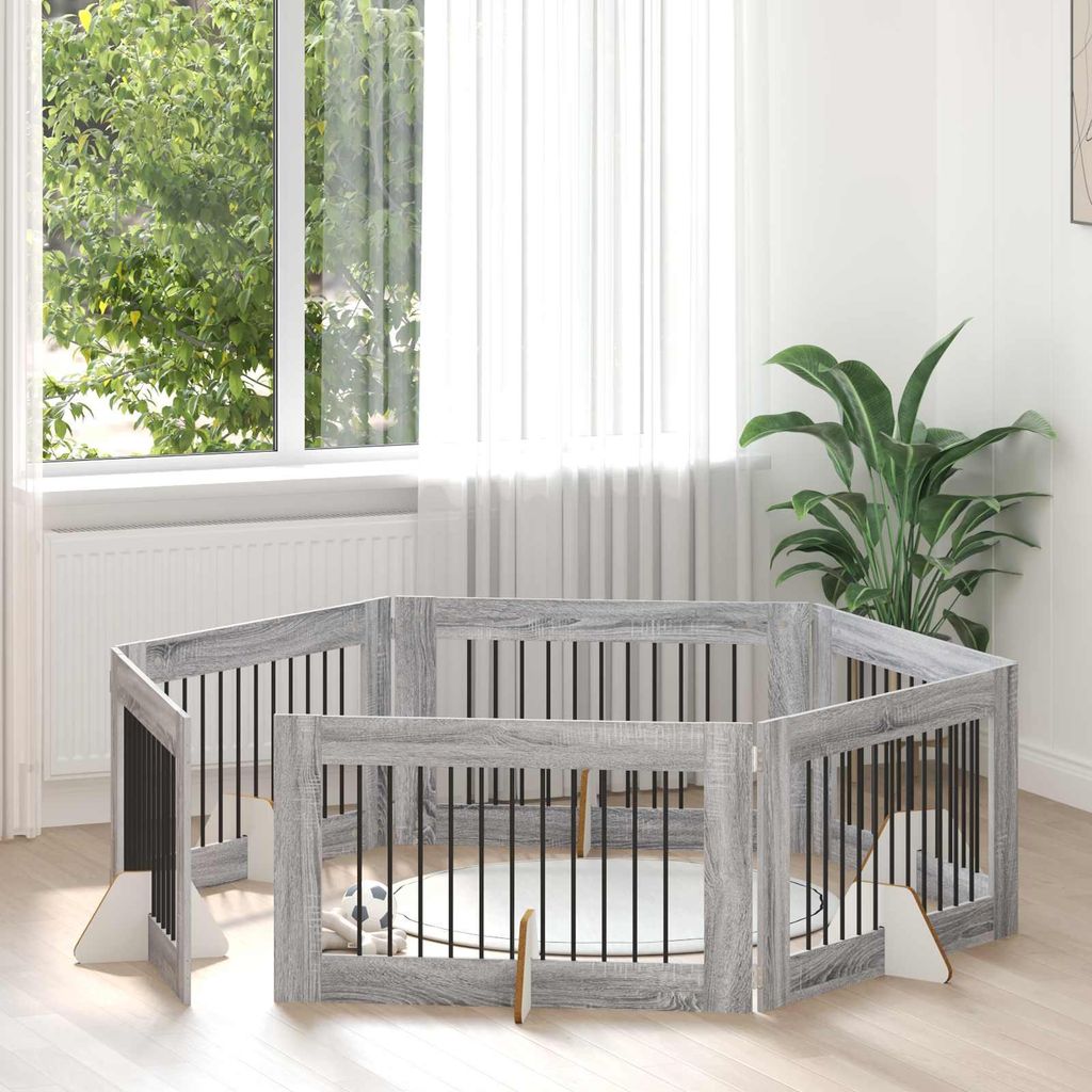 Hundetor mit Ständern 6 pcs Graues Sonoma 100 x 60 cm - Sonstiges Hundezubehör DE1992