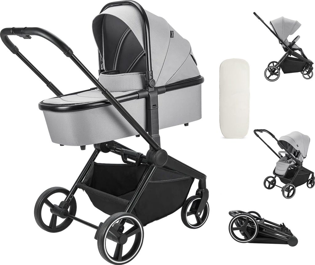 Booboo Jazzi Kinderwagen, 2 in 1 Kombikinderwagen mit Sportwagen + Babywanne, ab Geburt bis 22 kg, leicht, kompakt, große Räder - Grey