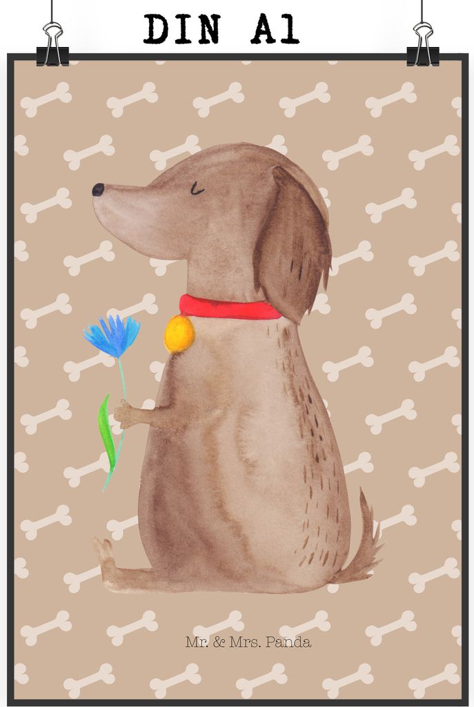 Mr. & Mrs. Panda Bild Hund Blume DIN A1 - Hundeglück - Geschenk, drucke, kunstdruck poster, Süß, Wandbild, wanddeko, Sprüche, Halsband, Hunde, ...