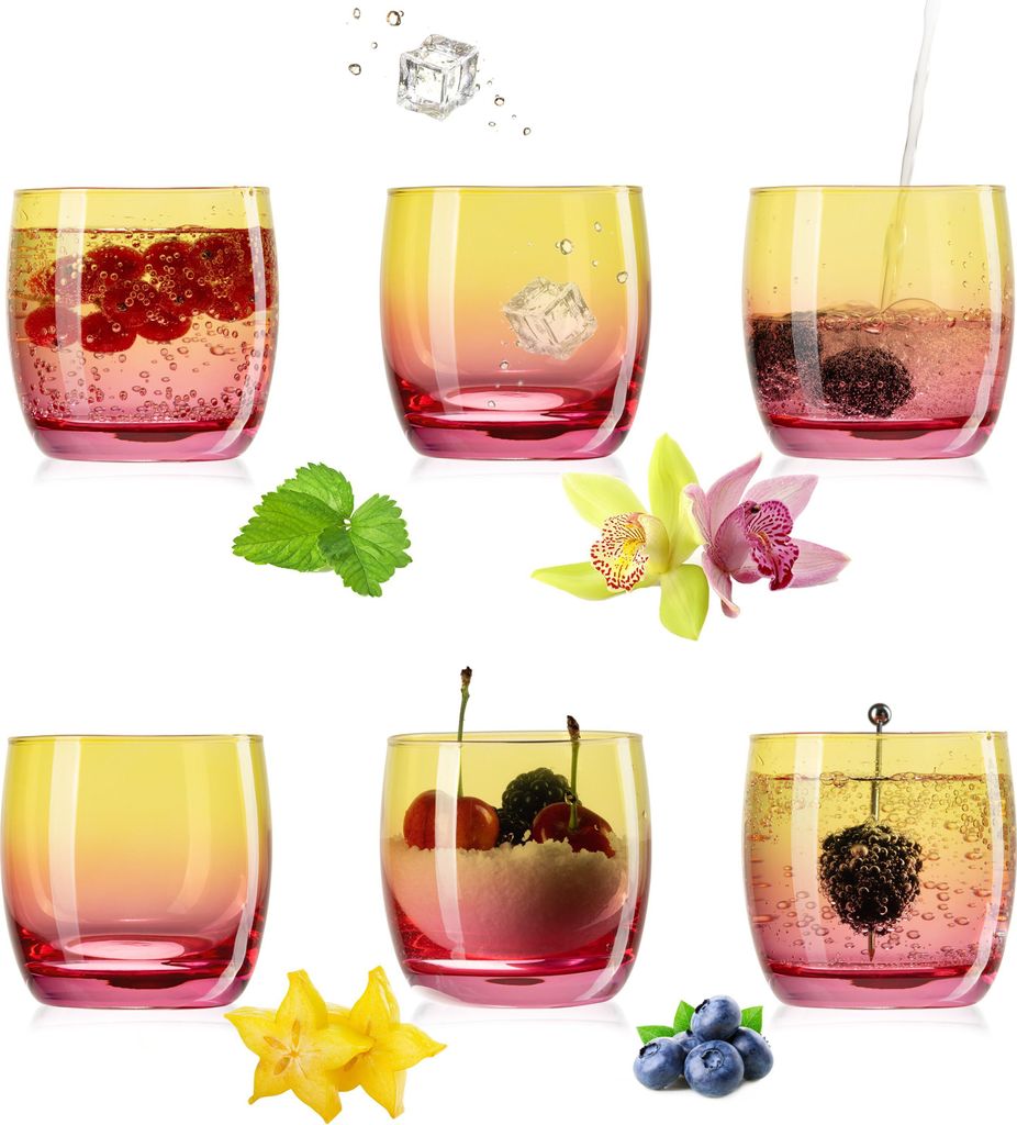 PLATINUX Trinkgläser Gelb-Rosa aus Glas Bunt 200ml (max.320ml) Set 6 Stück Wassergläser Saftgläser Drinkgläser