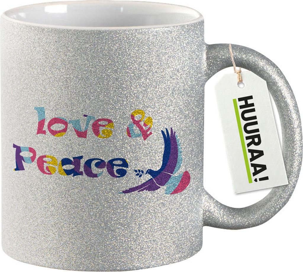 Huuraa Glitzertasse Love & Peace 330ml Silber Keramik Kaffeebecher Geschenkidee