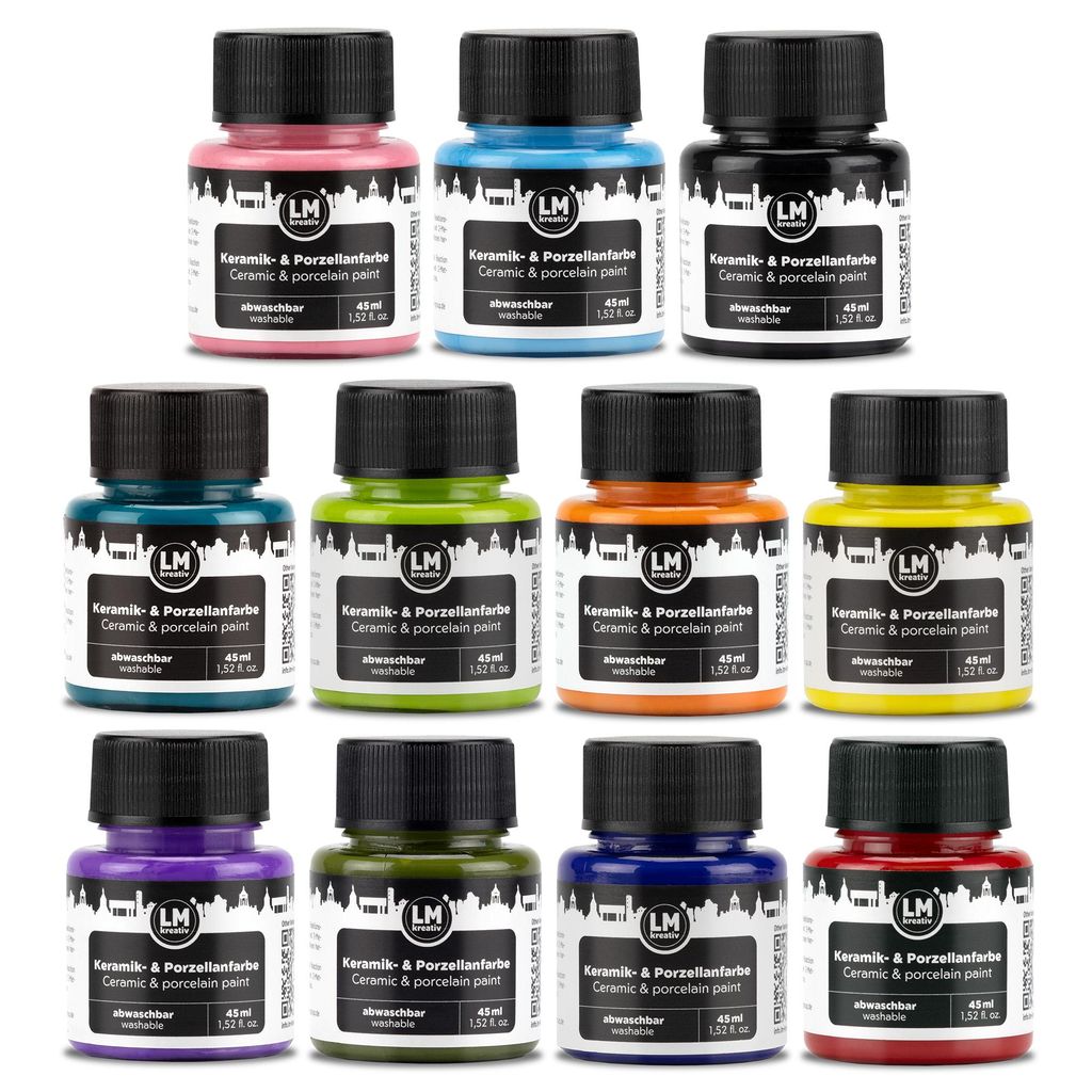 LM-Kreativ Porzellanfarbe Set 11 x 45 ml - Vivid Vision - Spülmaschinenfest. Glas- und Keramikfarbe für Tassen Bemalen & Porzellan Bemalen
