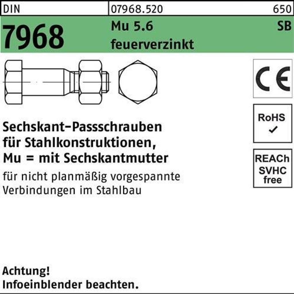 Reyher Sechskant-Paßschrauben DIN 7968 Mu 5.6/CE M 20x90 tZn (25 Stück)