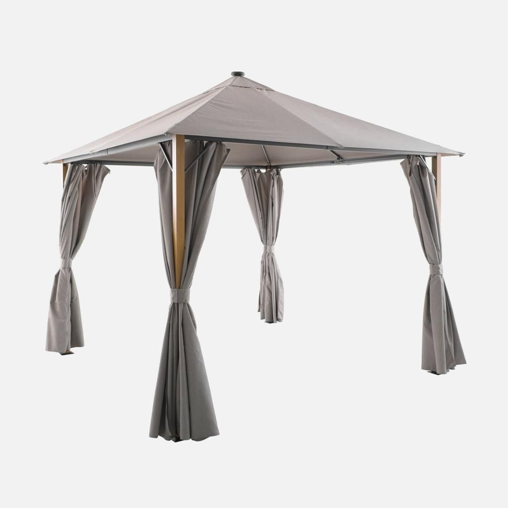 sweeek - Pavillon 3x3m Aluminium Holzoptik mit Vorhängen und LED - Beige