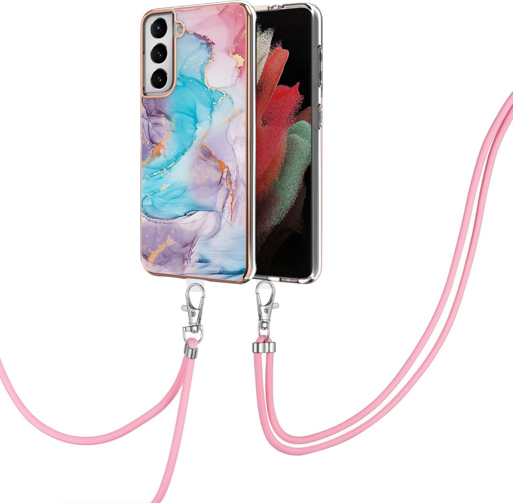 Handykette Hülle für Samsung Galaxy S21 5G Muster TPU Schutzhülle mit verstellbarem Tragegurt Blau