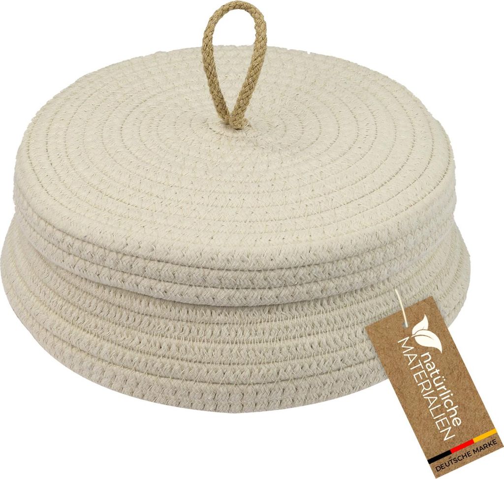 HMF Aufbewahrungskorb Badezimmer rund, Korb mit Deckel aus Baumwolle, Flach, 25,5 x 11,5 cm, Creme