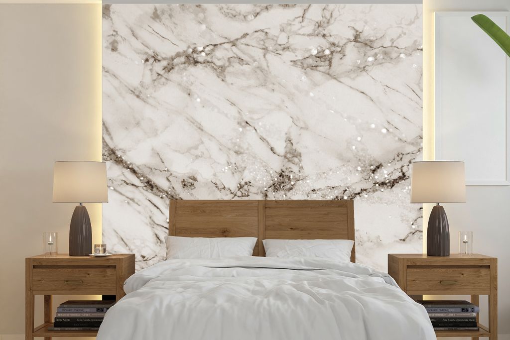 MuchoWow Fototapete für Wohnzimmer oder Schlafzimmer Wandtapete Vinyl Motivtapete Marmor - Muster - Grau - Glitter - 220x220 cm - Tapeten